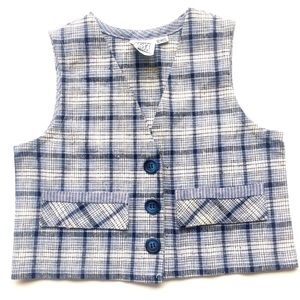 NEW Cozy Toes White Blue Plaid Linen Preppy V-Neck Button Vest Boys 12 Months